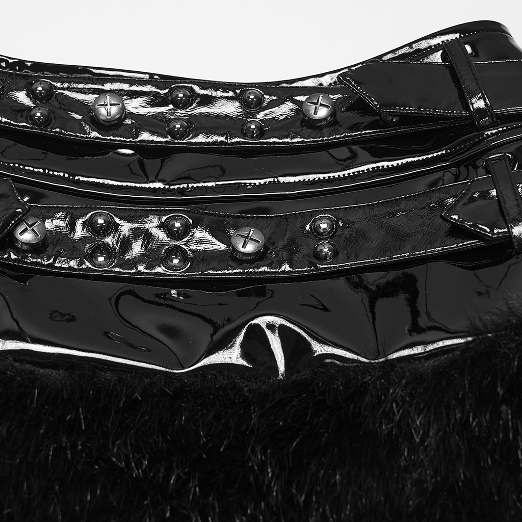 Close-up view of the soft textured plush fabric trim along the hemline of the Punk Rave Patent Leather Skirt (WQ-987BQF)