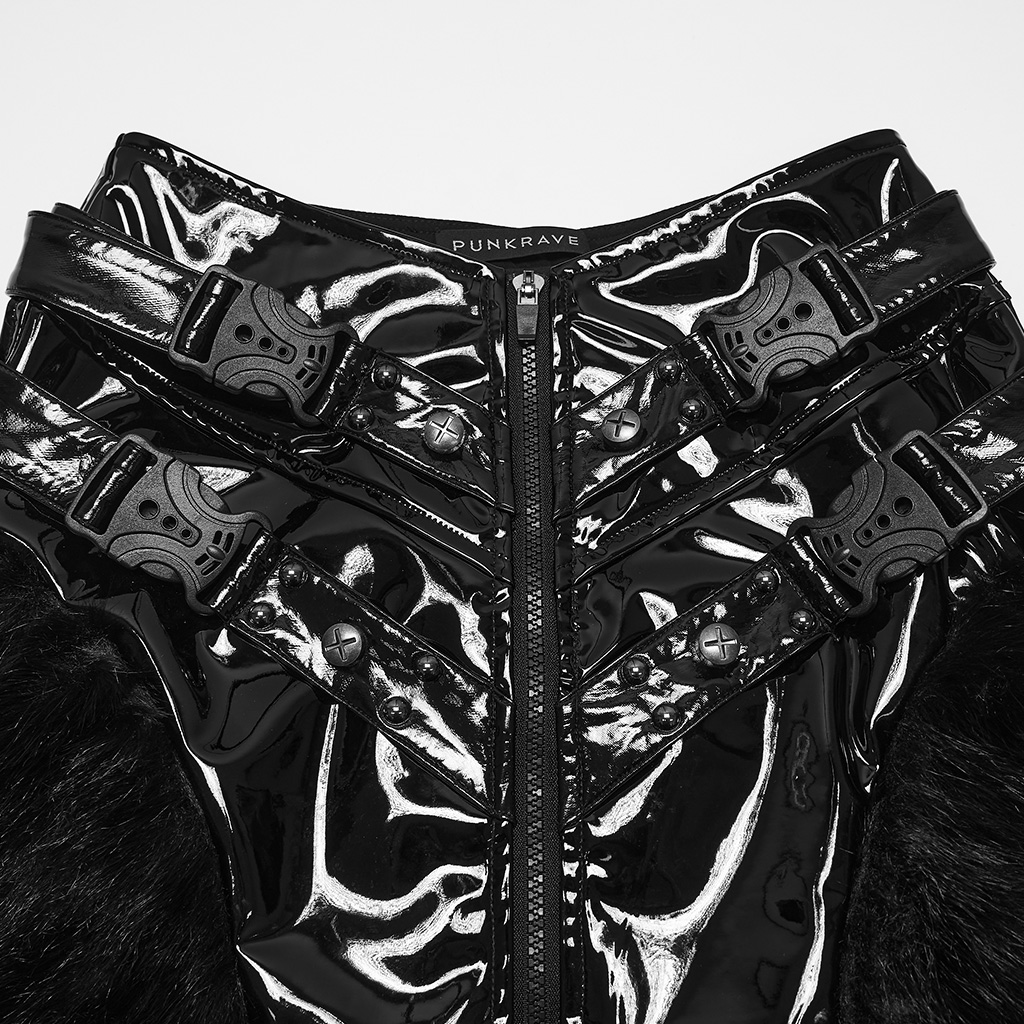 Close-up detail of metallic rivets, central front zipper, and adjustable buckle straps on the Punk Patent Leather Skirt