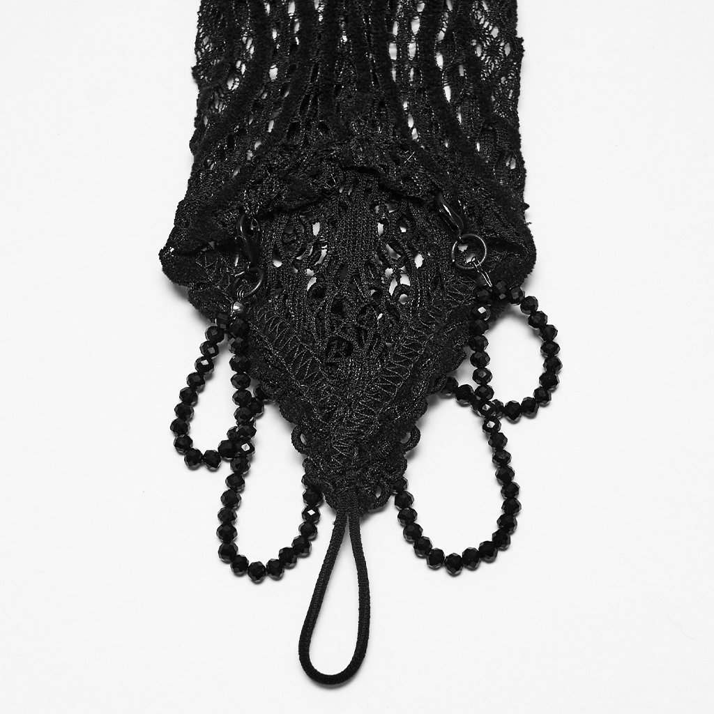 Close-up detail view of the back of the Punk Rave Gothic Lace Fingerless Gloves in Black(WS-938SSF) , highlighting the middle-finger anchor loop, soft stretch-knit lace texture, and contouring fit