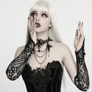 Main display view of the Punk Rave Gothic Lace Fingerless Gloves in Black (WS-938SSF) , showcasing the soft stretch-knit lace, intricate 3D openwork patterns, handmade dark crystals, and delicate draped beads