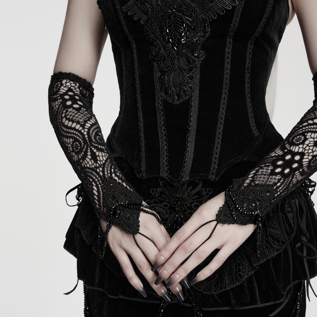 Front view of Black Gothic Lace Fingerless Gloves showing middle-finger loops and hand beadwork
