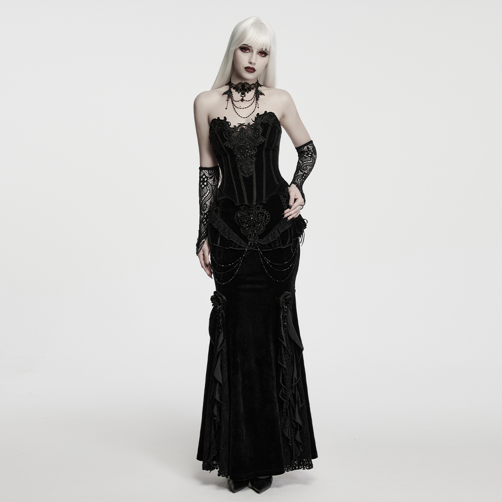Full styled model view wearing the Punk Rave Gothic Lace Fingerless Gloves in Black (WS-938SSF), showcasing a complete dark gothic alternative ensemble featuring the 3D openwork lace, handmade dark crystals, and draped bead accents