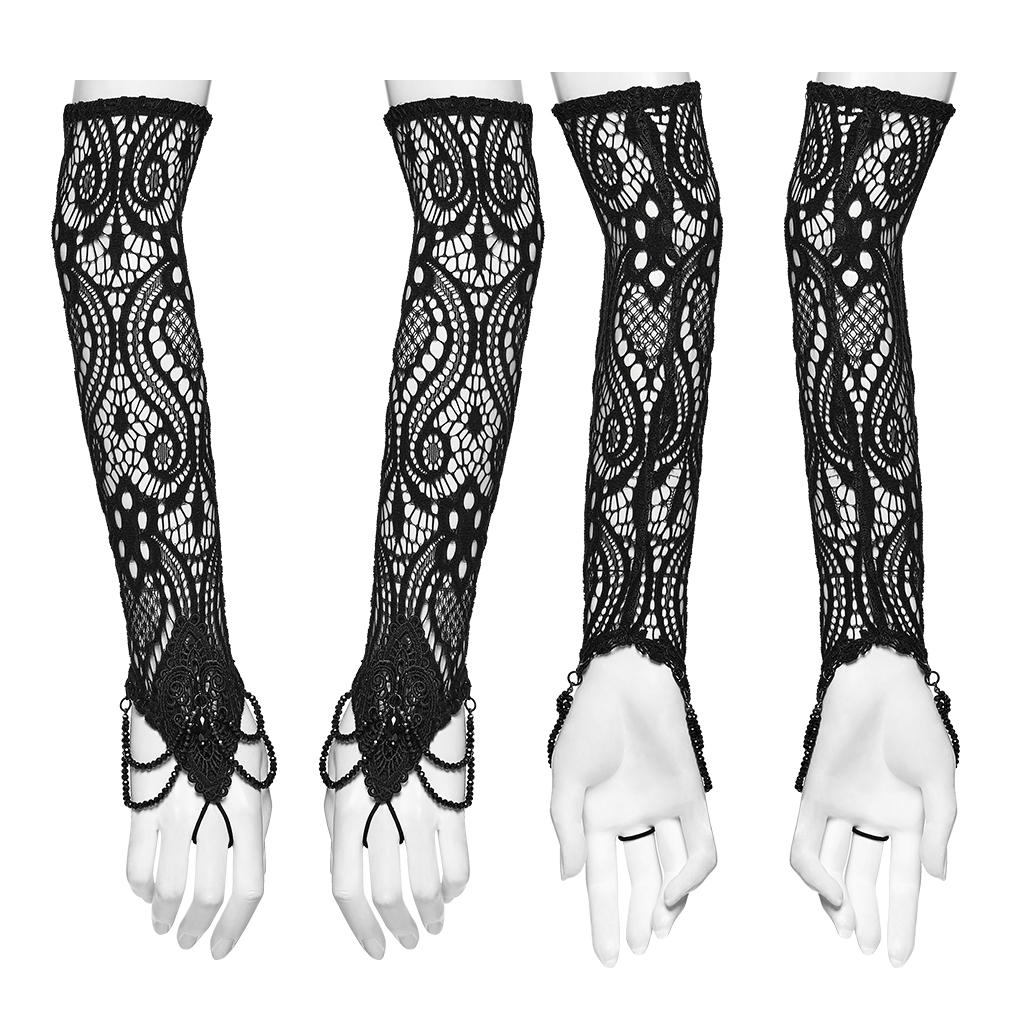 Front and back mannequin display view of the Punk Rave Gothic Lace Fingerless Gloves in Black (WS-938SSF), highlighting the 3D openwork lace, handmade dark crystals, and draped beads on the front alongside the form-fitting stretch-knit lace structure on the back