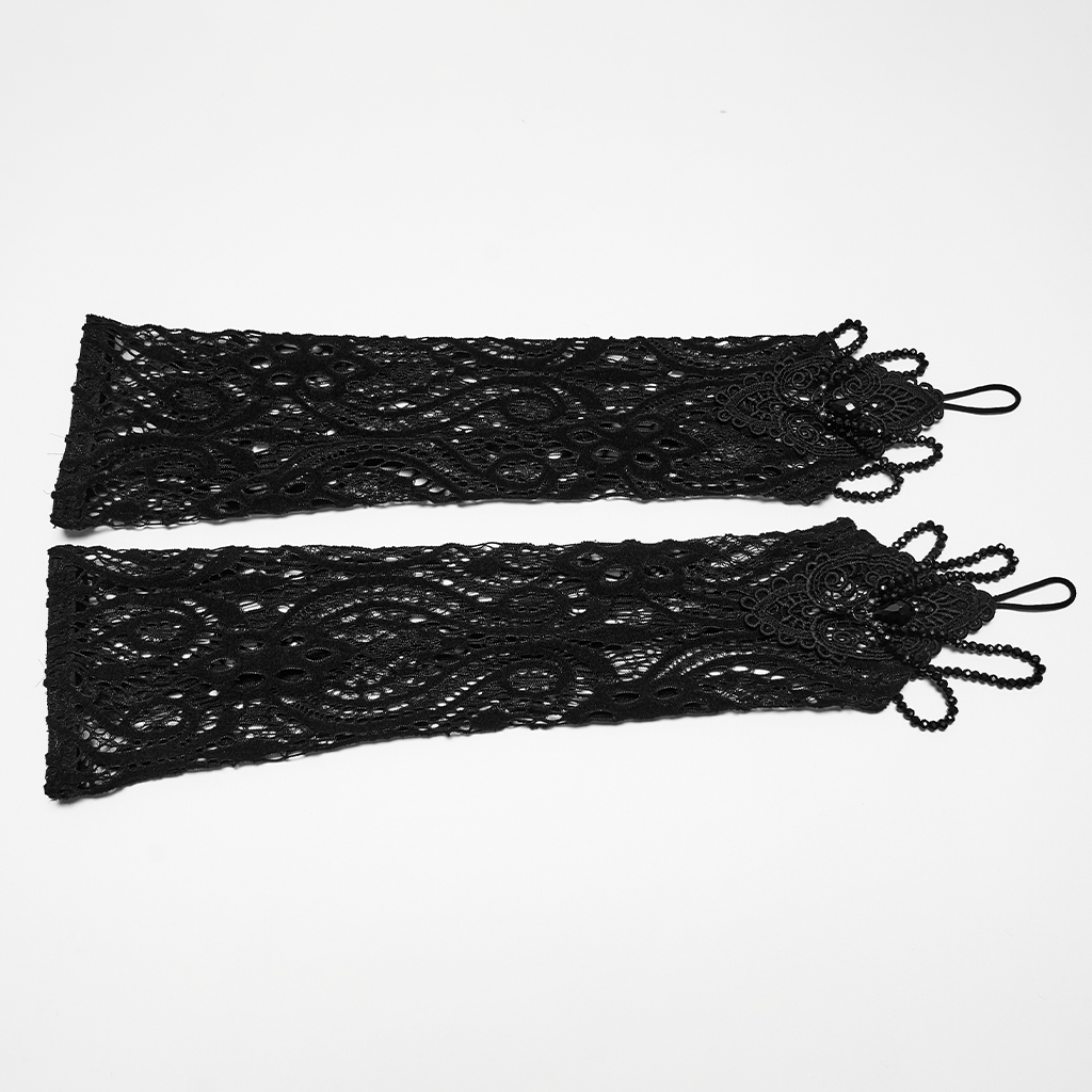 Full front display view of the Punk Rave Gothic Lace Fingerless Gloves in Black (WS-938SSF) , showcasing the pair laid out to highlight the intricate 3D openwork lace patterns, handmade dark crystals, draped bead embellishments, and middle-finger anchor loops