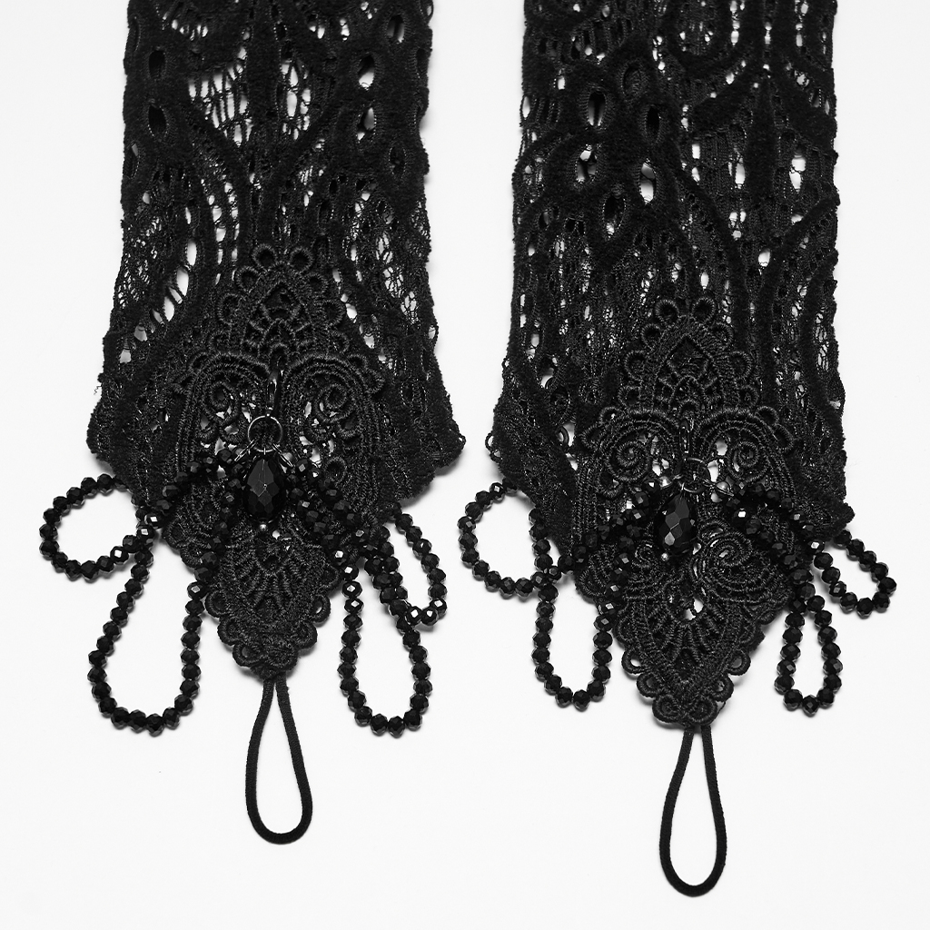 Front close-up detail view of the Punk Rave Gothic Lace Fingerless Gloves in Black (WS-938SSF) , highlighting the handmade dark crystals, delicate draped beads, and intricate 3D openwork lace patterns across the back of the hand