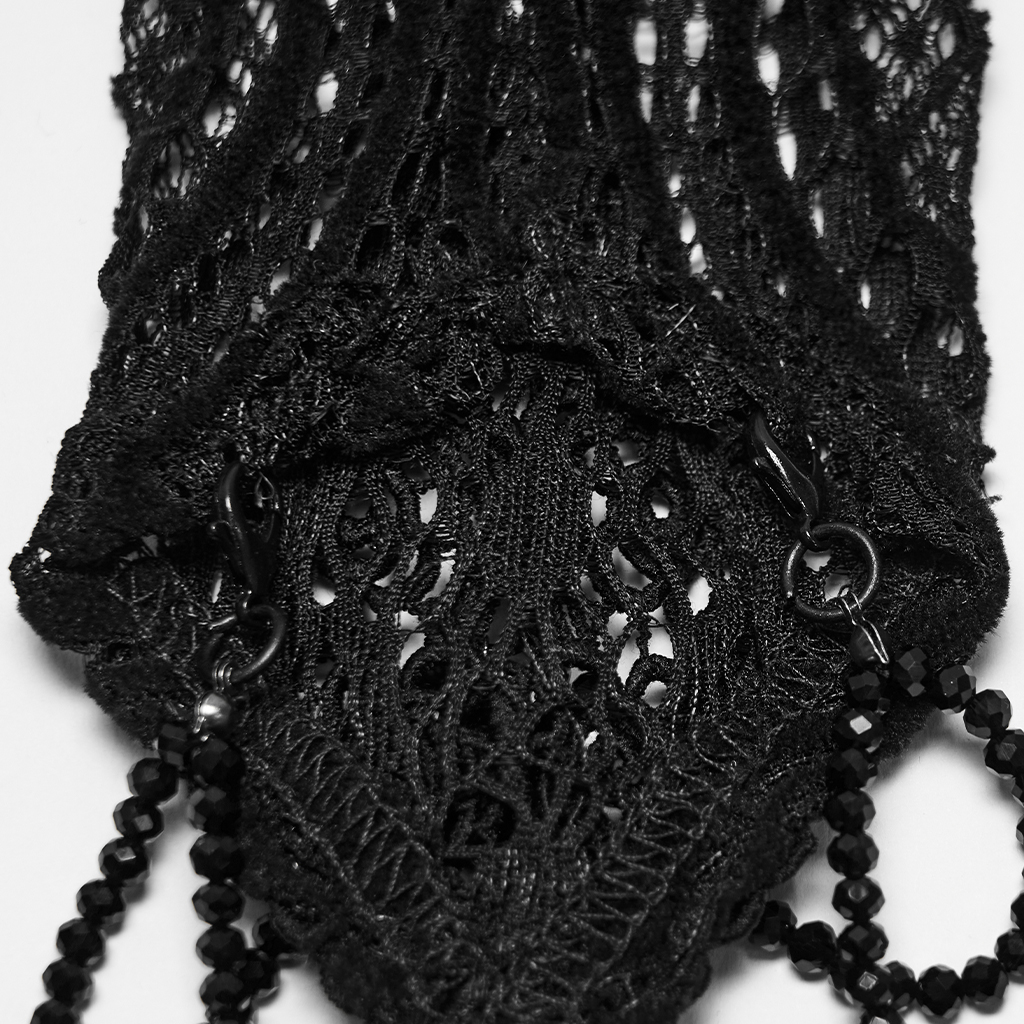 Back close-up detail view of the Punk Rave Gothic Lace Fingerless Gloves in Black (WS-938SSF) , highlighting the soft stretch-knit lace texture, contouring arm fit, and fine gothic craftsmanship