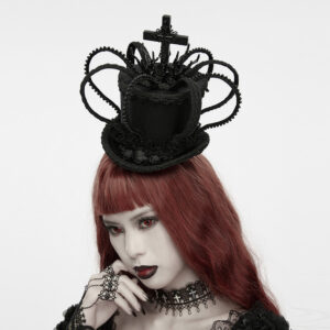 Main product photo of the Punk Rave Cross Crown Mini Top Hat Headpiece (WS-969MZF), showcasing the structured mini top hat encased in moldable imperial crown webbing, featuring stacked black roses, acrylic flame tendrils, and a central carved black cross