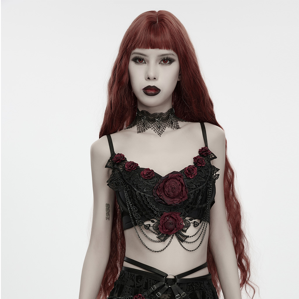 Gothic Bloody Rose Lace Chain Bralette - Image 2