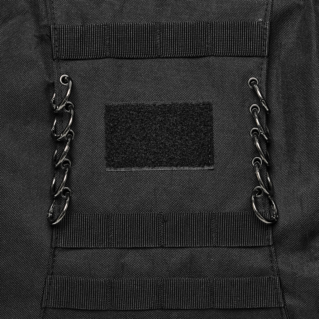 Close-up front view of the Punk Rave Cyberpunk Commuter Tactical Backpack (WS-990BB) showing the central Velcro patch panel, tactical webbing, and metal hardware