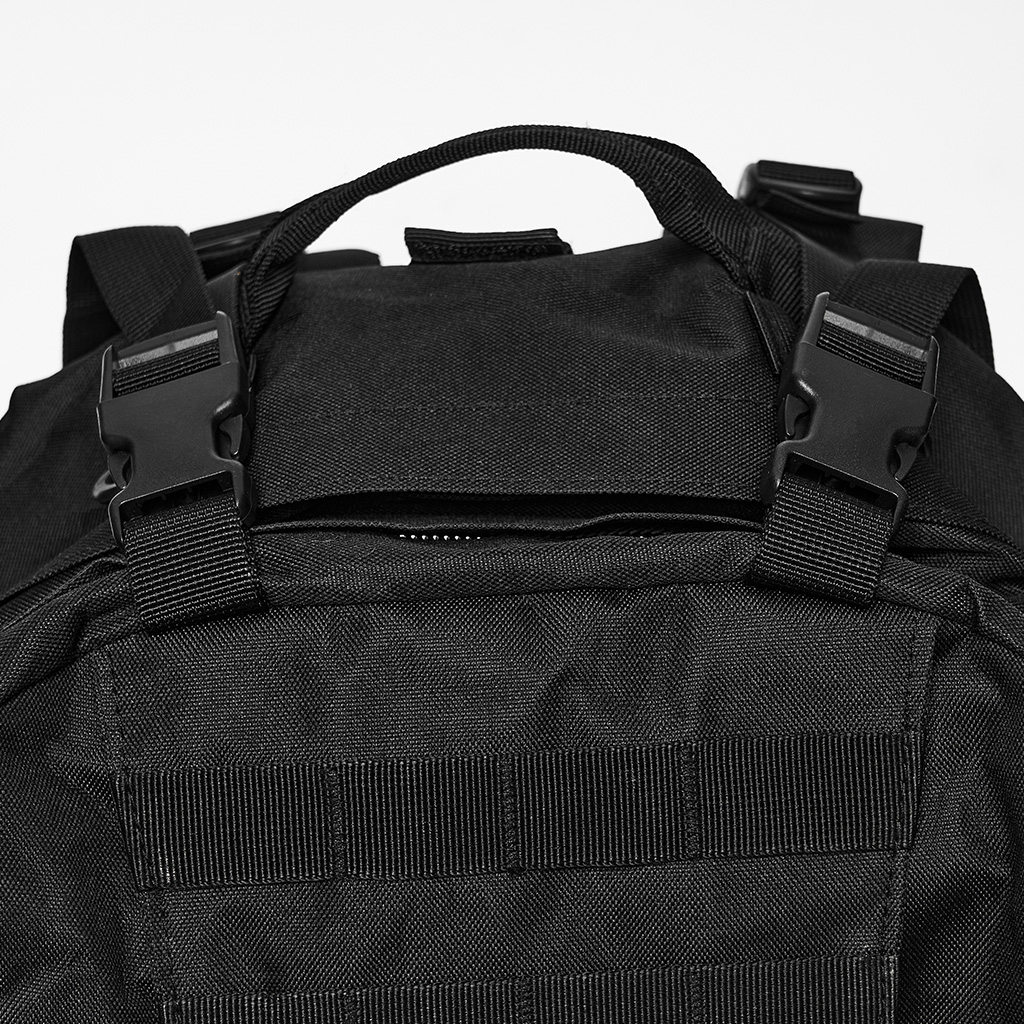 Close-up view of the reinforced heavy-duty top grab handle on the Punk Rave Cyberpunk Commuter Tactical Backpack (WS-990BB)