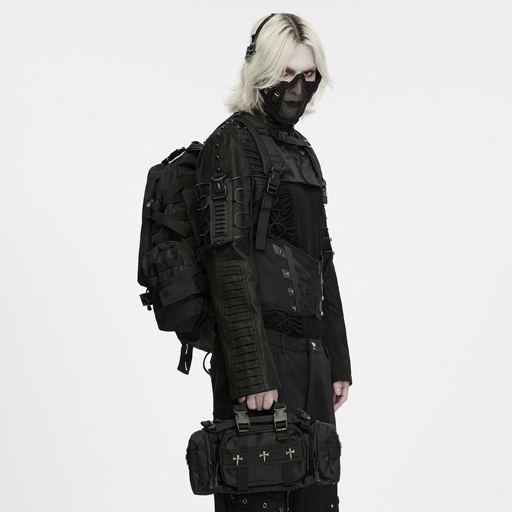 Side angle view showing detachable side utility bags on Cyberpunk Commuter Tactical Backpack