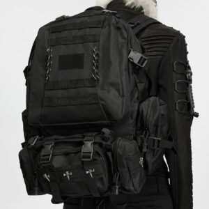 Cyberpunk Commuter Tactical Backpack in black Oxford fabric with modular pouches and metal rivets