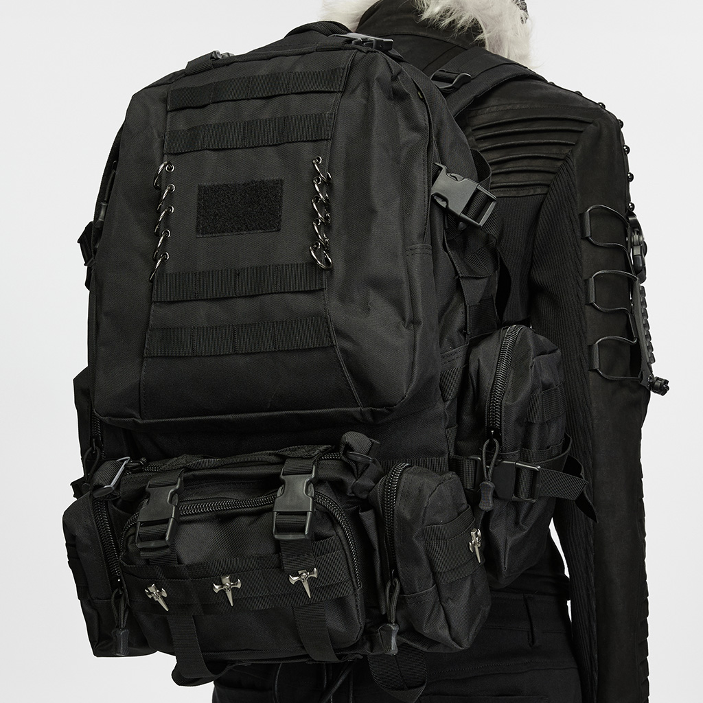 Cyberpunk Commuter Tactical Backpack in black Oxford fabric with modular pouches and metal rivets