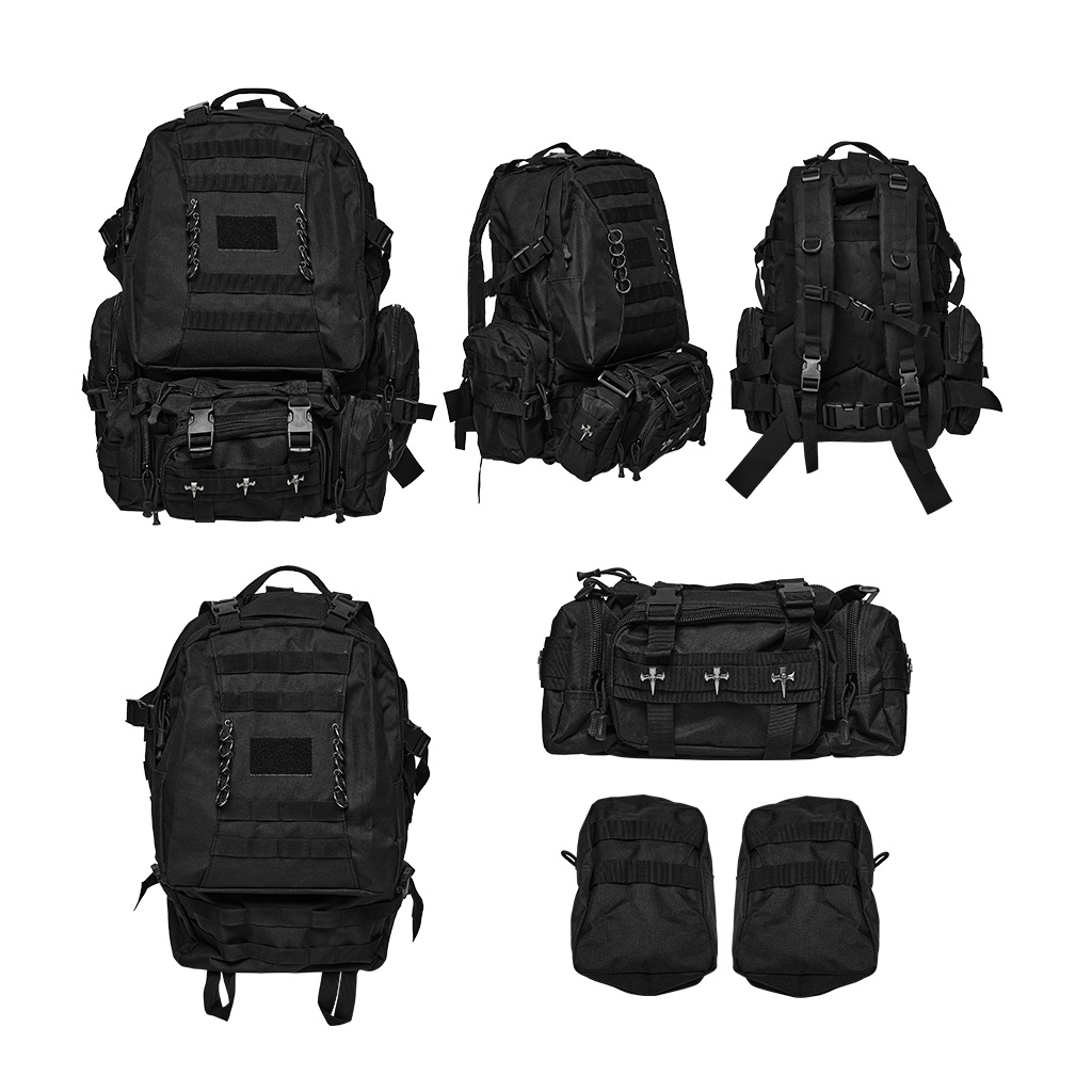 Multi-angle composite view of the Punk Rave Cyberpunk Commuter Tactical Backpack (WS-990BB) showing front, side, and back views alongside versatile carrying configurations