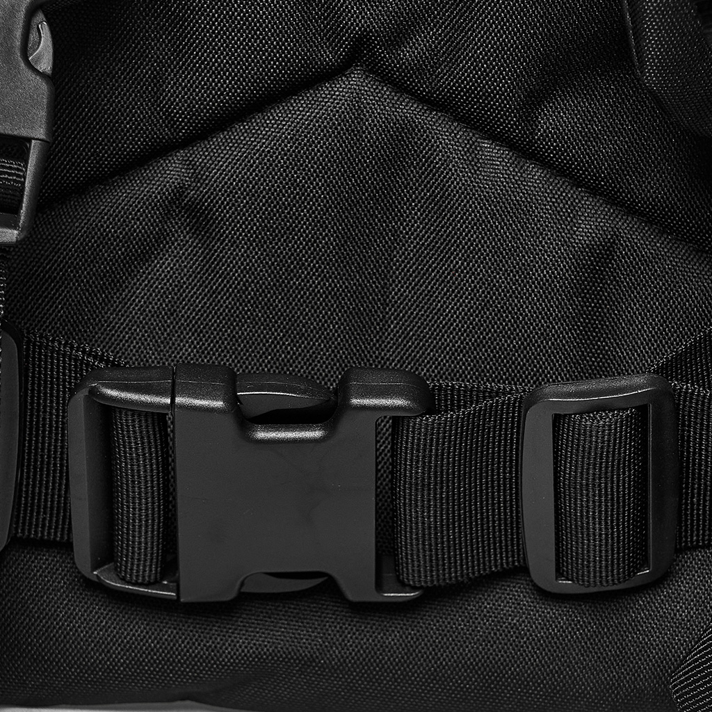 Close-up view of the Punk Rave Cyberpunk Commuter Tactical Backpack (WS-990BB) showcasing the quick-release metal buckle and the Oxford fabric texture
