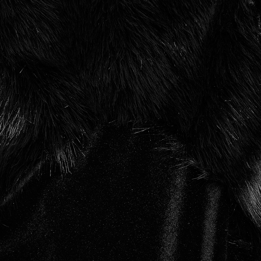 Close-up detail view of the material on the Punk Rave Goth Ornate Fleece Cloak (WY-1559DPM) , highlighting the rich, light-catching luster of the premium stretch velvet and the contrasting texture of the faux-fur elements