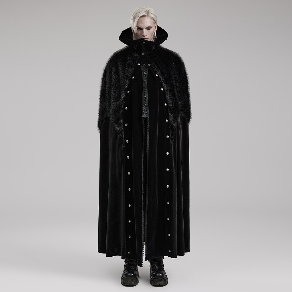 Full-length front view of model wearing the Goth Ornate Fleece Cloak with asymmetrical faux-fur shoulder mantle