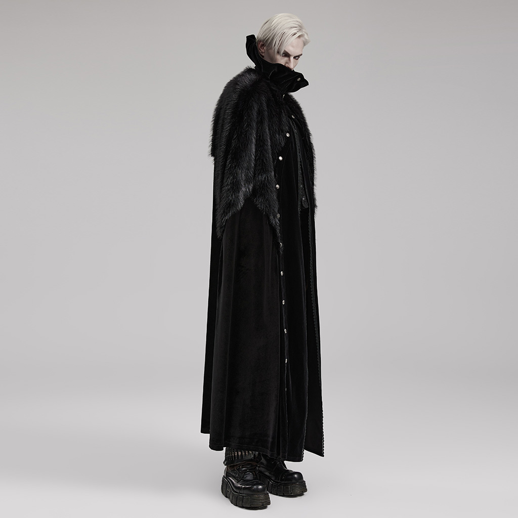 Side view of the Punk Rave Goth Ornate Fleece Cloak (WY-1559DPM), highlighting the sweeping stretch velvet silhouette, dramatic ruffled stand collar profile, and asymmetrical jagged faux-fur mantle