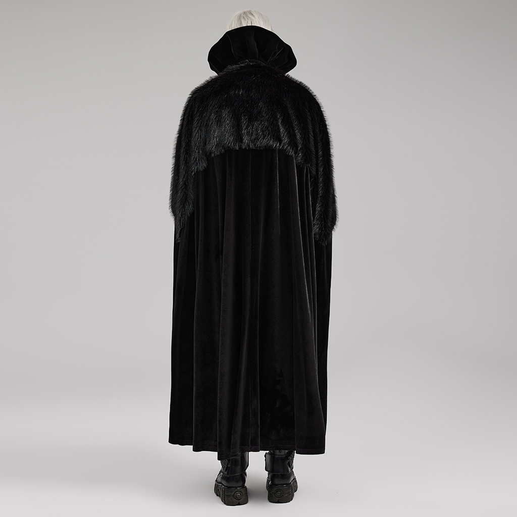 Back view of the Goth Ornate Fleece Cloak displaying the sweeping velvet drape and layered faux-fur shoulder overlay