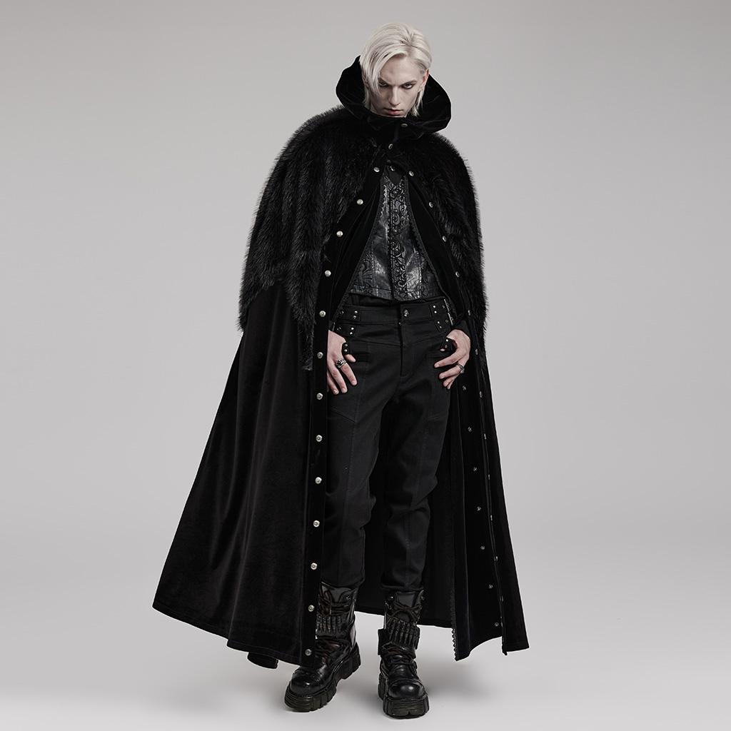 Full-length styled model view of the Punk Rave Goth Ornate Fleece Cloak (WY-1559DPM), showcasing a complete dark gothic outfit with sweeping stretch velvet drape, dramatic ruffled stand collar, and asymmetrical jagged faux-fur mantle
