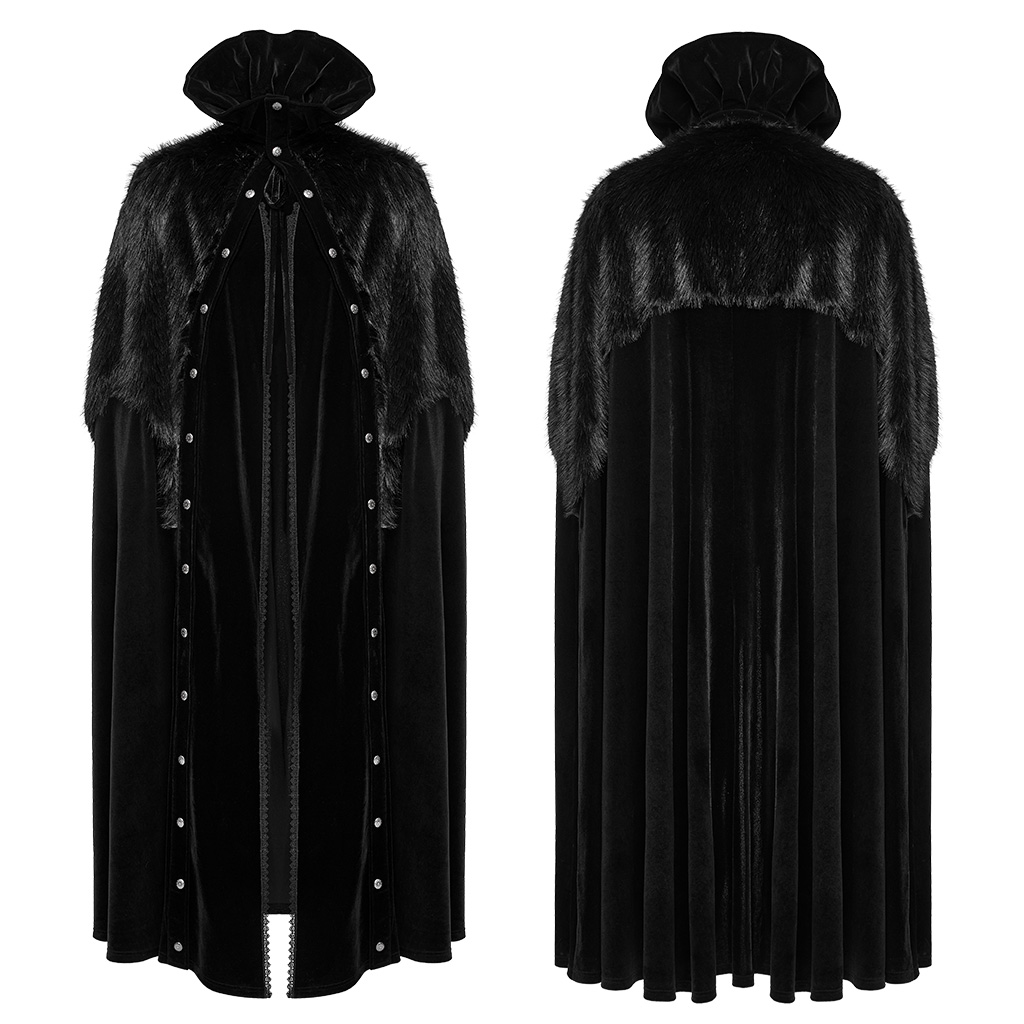 Front and back display views of the Punk Rave Goth Ornate Fleece Cloak (WY-1559DPM), showcasing the sweeping stretch velvet drape, structured ruffled stand collar, asymmetrical jagged faux-fur mantle, and twin rows of vintage metal snap buttons