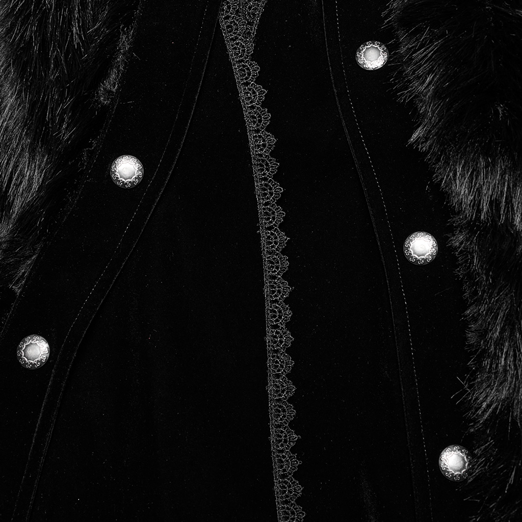 Close-up view of the Punk Rave Goth Ornate Fleece Cloak (WY-1559DPM), highlighting the intricately detailed vintage metal snap buttons, structured ruffled stand collar, and rich stretch velvet fabric