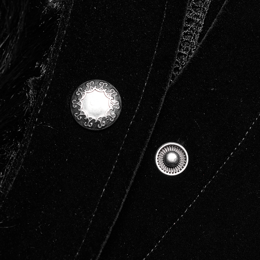 Close-up detail view of the Punk Rave Goth Ornate Fleece Cloak (WY-1559DPM), highlighting the raw texture of the asymmetrical jagged faux-fur mantle and the rich, luminous stretch velvet fabric