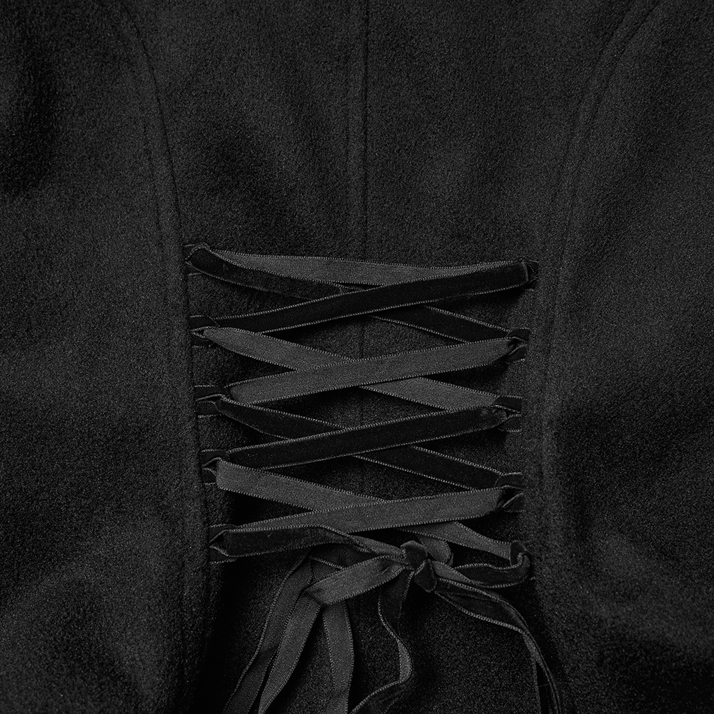 Close-up detail view of the back drawstring on the Punk Rave Goth Embroidered Woolen Coat (WY-1841EDF-BK), showcasing the corset-inspired lacing designed to custom-cinch the waist and the rich, soft wool-blend fabric texture
