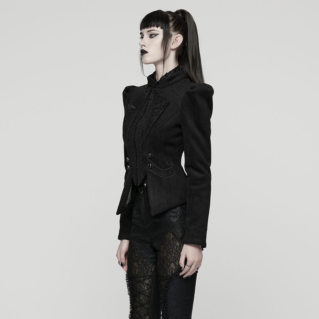 Side view of the Punk Rave Goth Embroidered Woolen Coat (WY-1841EDF-BK), showcasing the structured wool-blend fabric, tailored puff shoulder, flared peplum hemline, and the corset-inspired drawstring back waist cinch