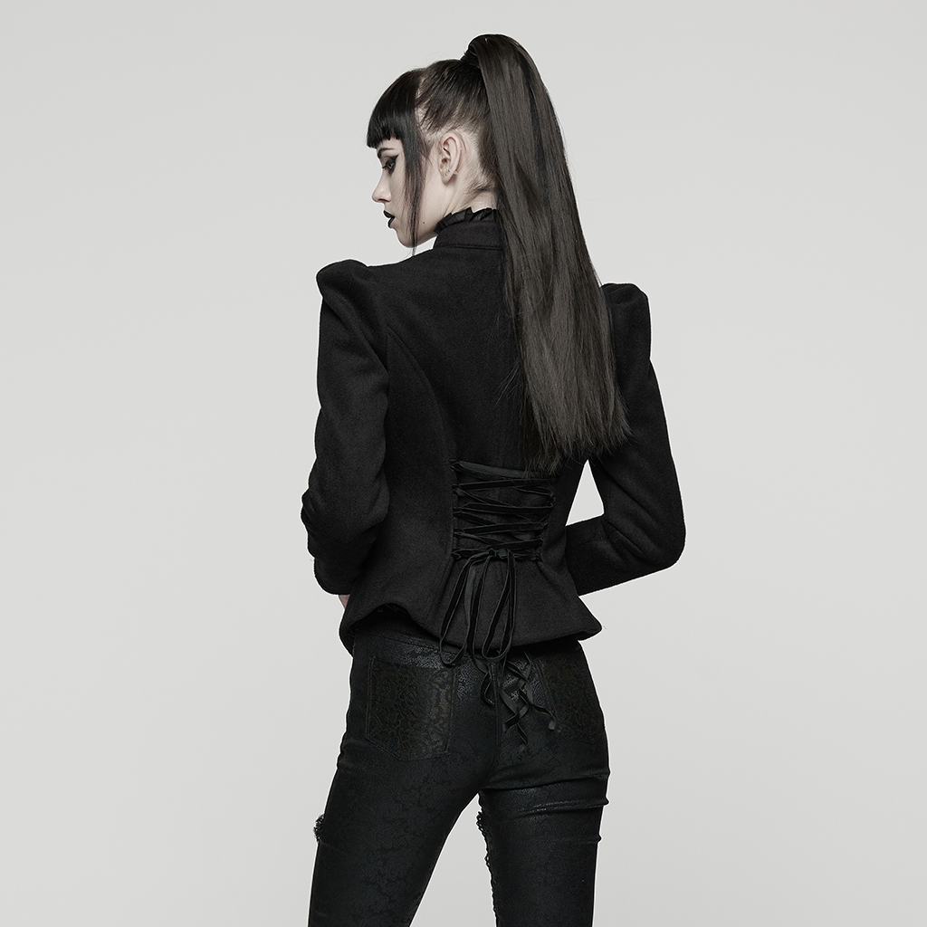 Back view of the Goth Embroidered Woolen Coat displaying the corset-inspired drawstring back waist cinch and peplum flare