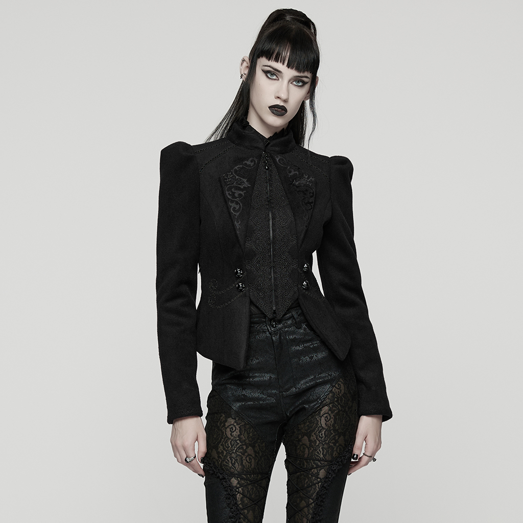 Front view of model wearing the Goth Embroidered Woolen Coat featuring a faux-vest layer and embroidered turn-down collar