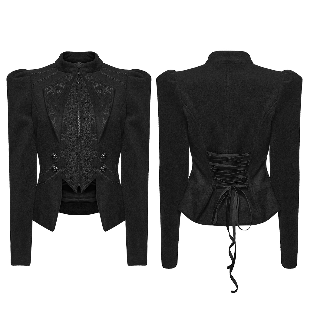 Front and back display views of the Punk Rave Goth Embroidered Woolen Coat (WY-1841EDF-BK), showcasing the faux-vest front layer, flared peplum hem, structured wool-blend silhouette, and corset-inspired drawstring waist back