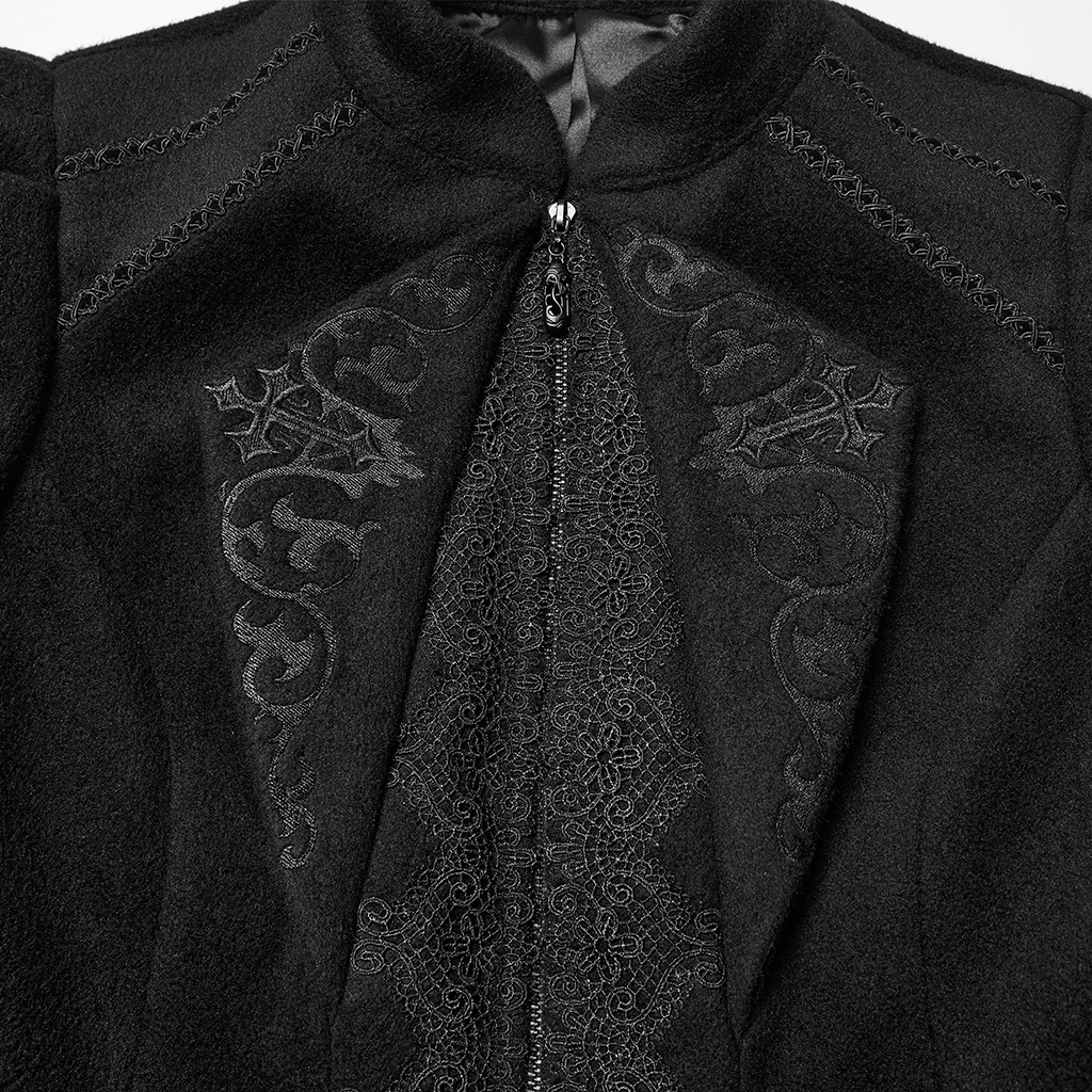 Close-up detail view of the Punk Rave Goth Embroidered Woolen Coat (WY-1841EDF-BK), highlighting the soft wool-blend fabric texture, structured tailoring, and intricate gothic design elements like the tone-on-tone embroidery