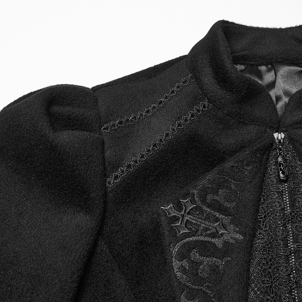Close-up side view of the shoulder on the Punk Rave Goth Embroidered Woolen Coat (WY-1841EDF-BK) , highlighting the structured puff shoulder tailoring, seamless seam construction, and rich wool-blend fabric texture