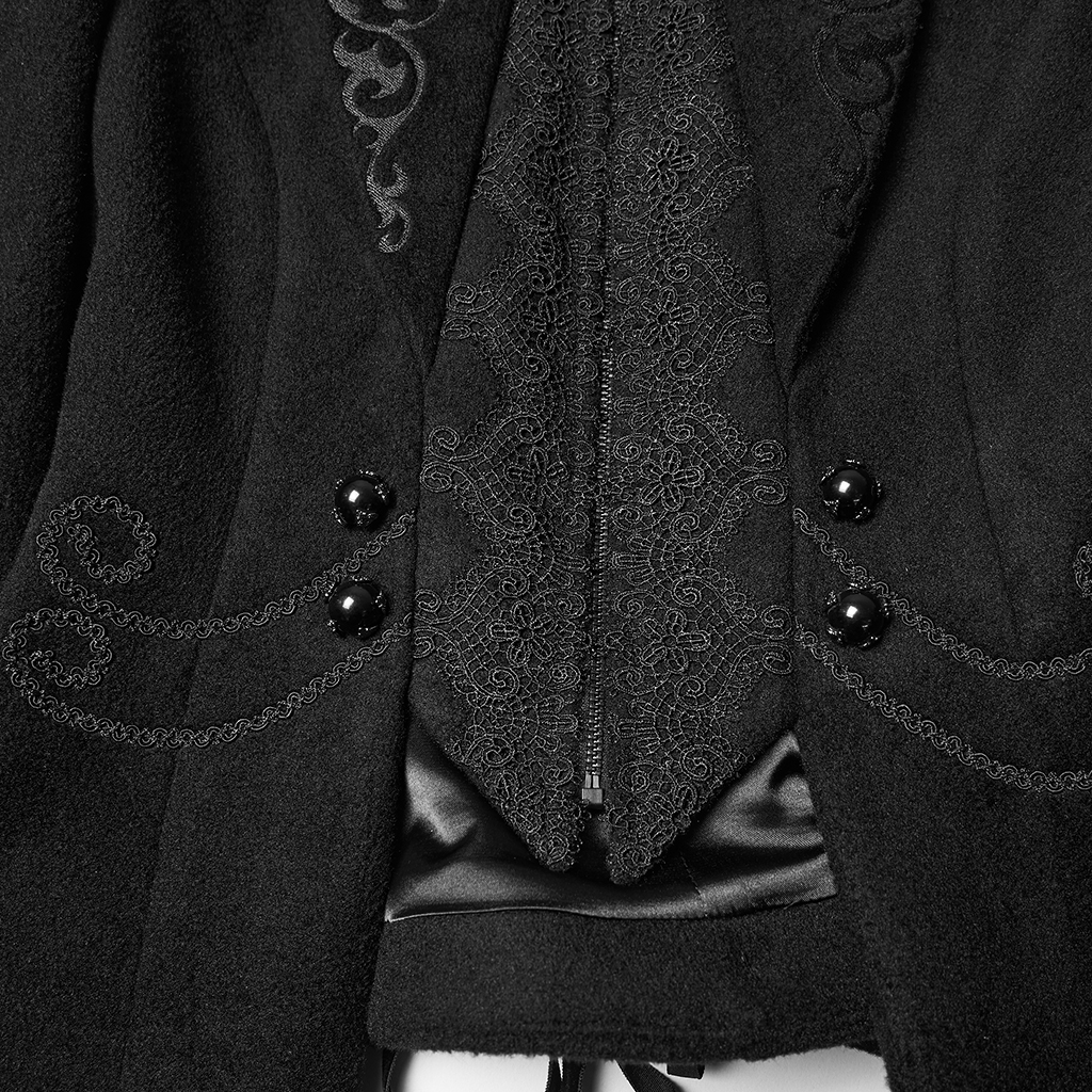 Close-up detail view of the bottom hem on the Punk Rave Goth Embroidered Woolen Coat (WY-1841EDF-BK), showcasing the sweeping flared peplum edge, fine stitching, and soft wool-blend fabric texture