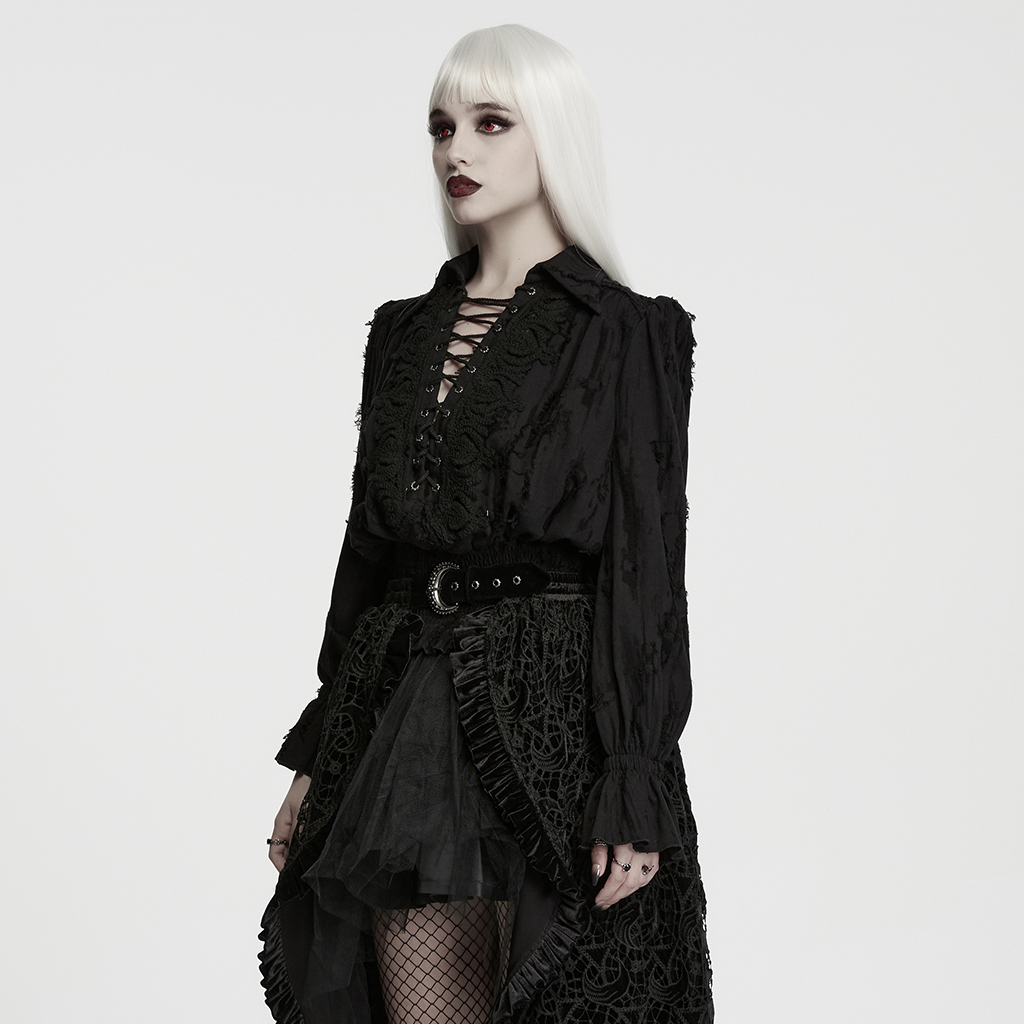 Side view of the Punk Rave Decadent Gothic Cotton Linen Shirt (WY-1984CCF) highlighting the flared trumpet cuffs, smocked waistband, and blouse on silhouette