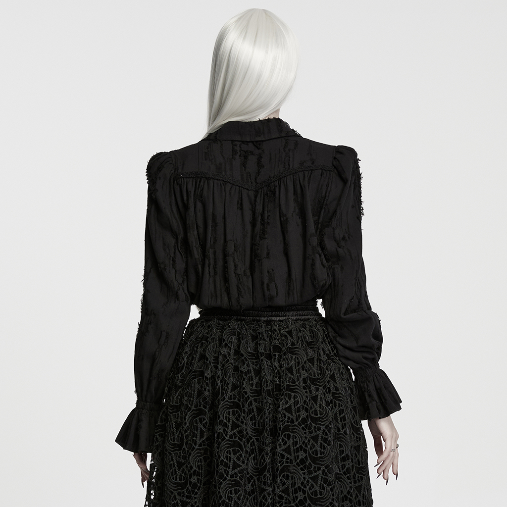 Back view of Decadent Gothic Cotton Linen Shirt displaying wide smocked waistband fit
