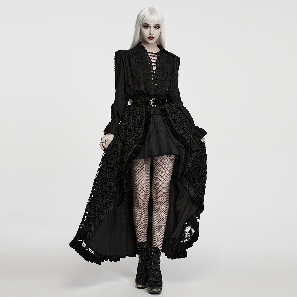 Full-length styled model view wearing the Punk Rave Decadent Gothic Cotton Linen Shirt (WY-1984CCF) showcasing the front ruffles, laced bodice, and dramatic trumpet cuffs