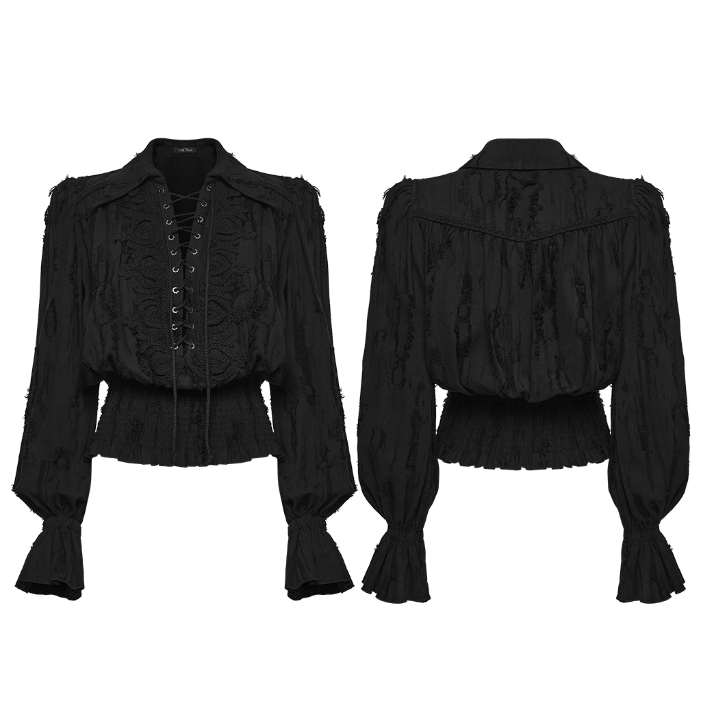 Front and back view of the Punk Rave Decadent Gothic Cotton Linen Shirt (WY-1984CCF) displayed on a mannequin, highlighting front ruffles, corset lacing, trumpet cuffs, and smocked waistband