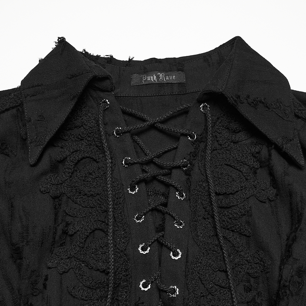 Close-up front view of the Punk Rave Decadent Gothic Cotton Linen Shirt (WY-1984CCF) showcasing intricate front ruffles, vintage gothic embroidery, and corset-style chest lacing