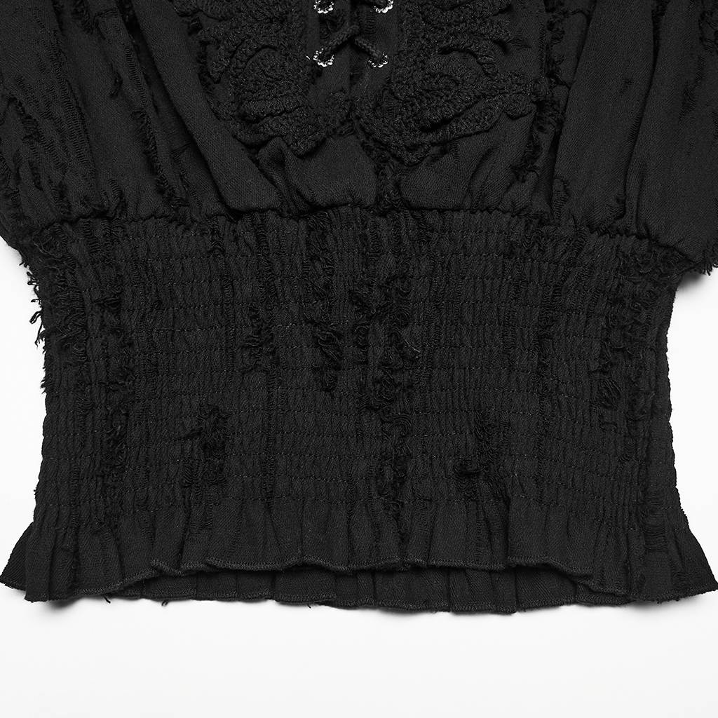 Close-up view of the bottom hem and wide smocked elastic waistband on the Punk Rave Decadent Gothic Cotton Linen Shirt (WY-1984CCF)