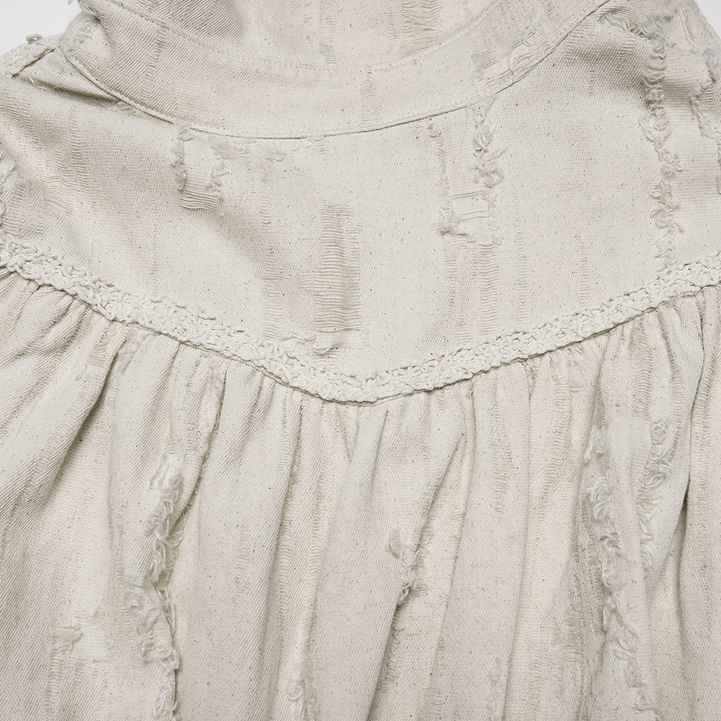 Close-up view of the back section of the Punk Rave Decadent Gothic Cotton Linen Shirt in White (WY-1984CCF) , highlighting the rear smocked waistband and breathable cotton-linen fabric texture