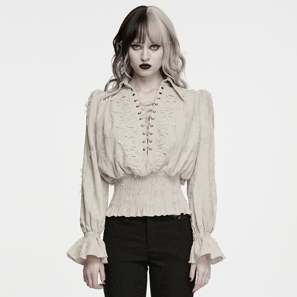 Front view of White Decadent Gothic Cotton Linen Shirt showing ornate embroidery, chest lacing, and trumpet cuffs