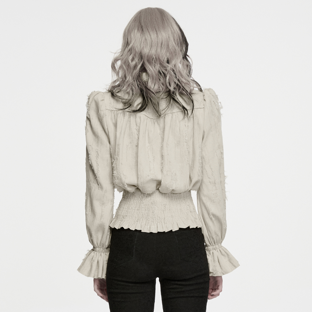 Back view of White Decadent Gothic Cotton Linen Shirt showcasing wide smocked waistband and smooth back panel