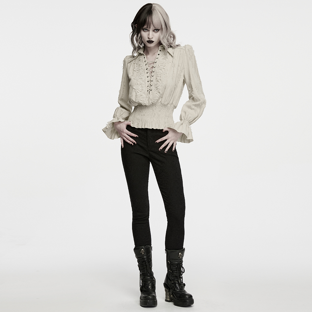 Full-length styled model view wearing the Punk Rave Decadent Gothic Cotton Linen Shirt in White (WY-1984CCF-WH), showcasing the Victorian-inspired front ruffles, trumpet cuffs, corset lacing, and smocked waist