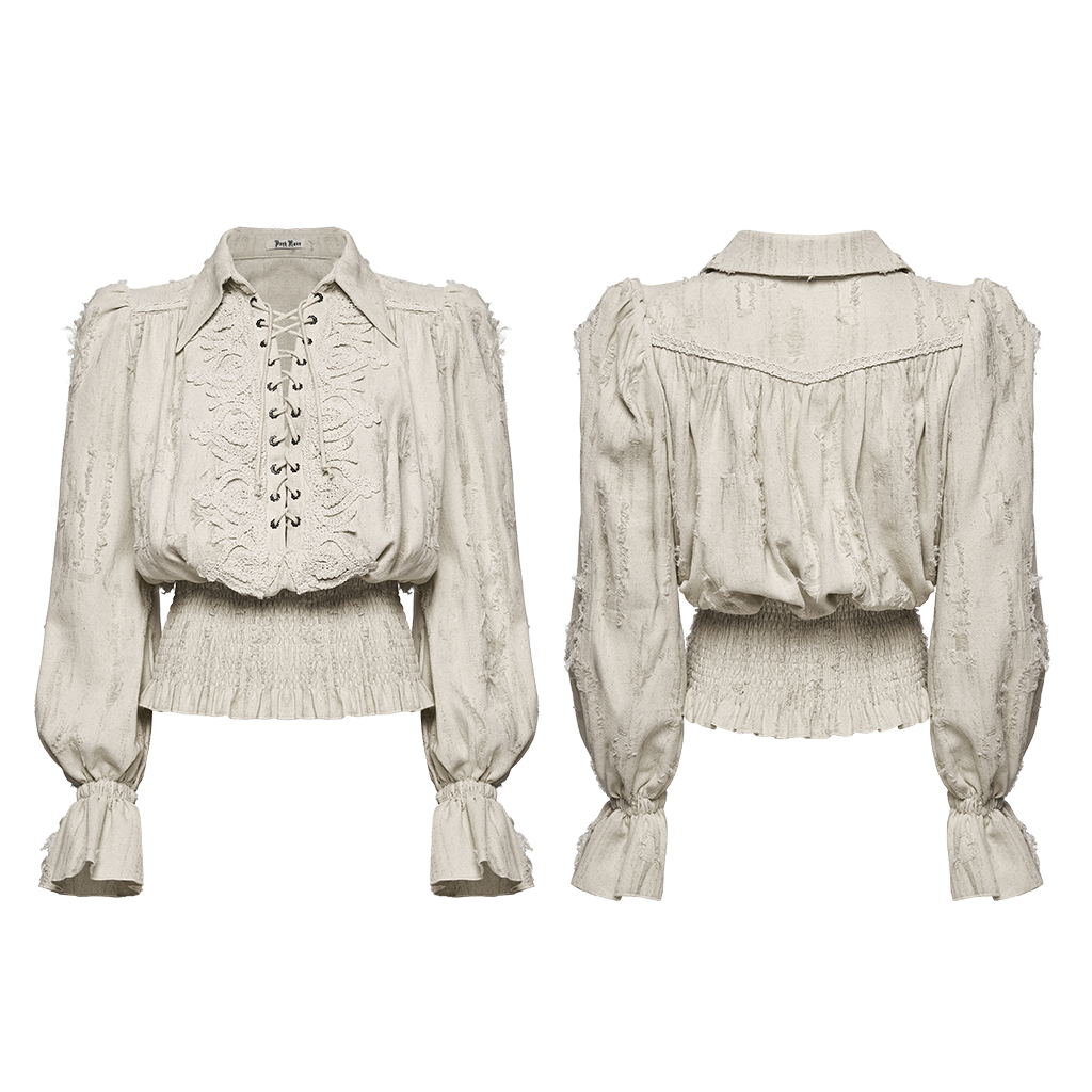 Front and back view of the Punk Rave Decadent Gothic Cotton Linen Shirt in White (WY-1984CCF-WH) displayed on a mannequin, highlighting the intricate front ruffles, corset lacing, trumpet cuffs, and wide smocked waistband