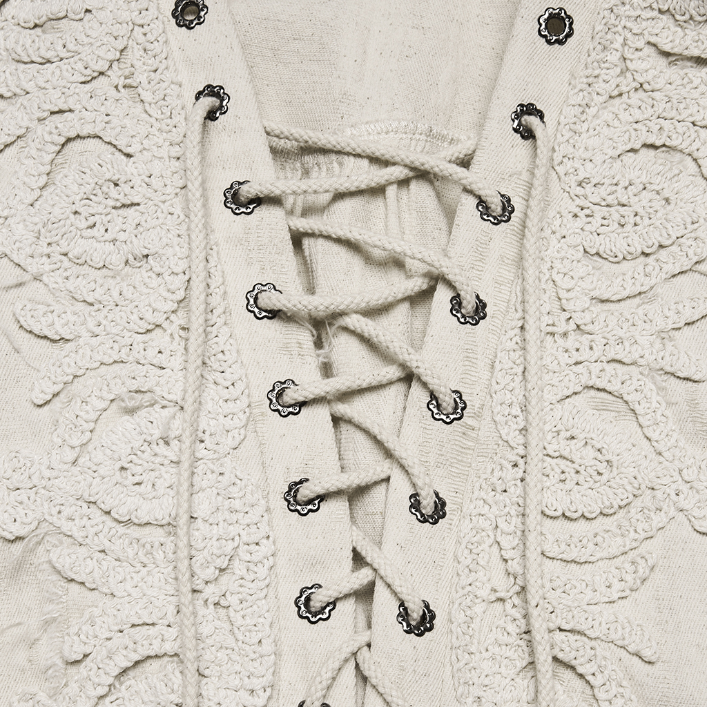 Close-up front view of the Punk Rave Decadent Gothic Cotton Linen Shirt in White (WY-1984CCF) , highlighting the intricate front ruffles, ornate gothic embroidery, and corset-style chest lacing