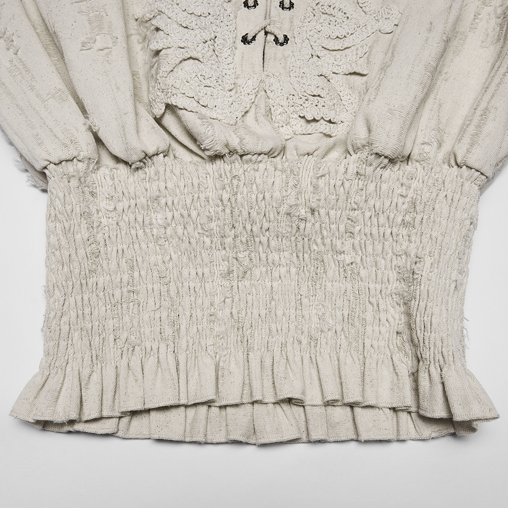 Close-up view of the wide smocked waistband and fine cotton-linen fabric texture on the Punk Rave Decadent Gothic Cotton Linen Shirt in White (WY-1984CCF)