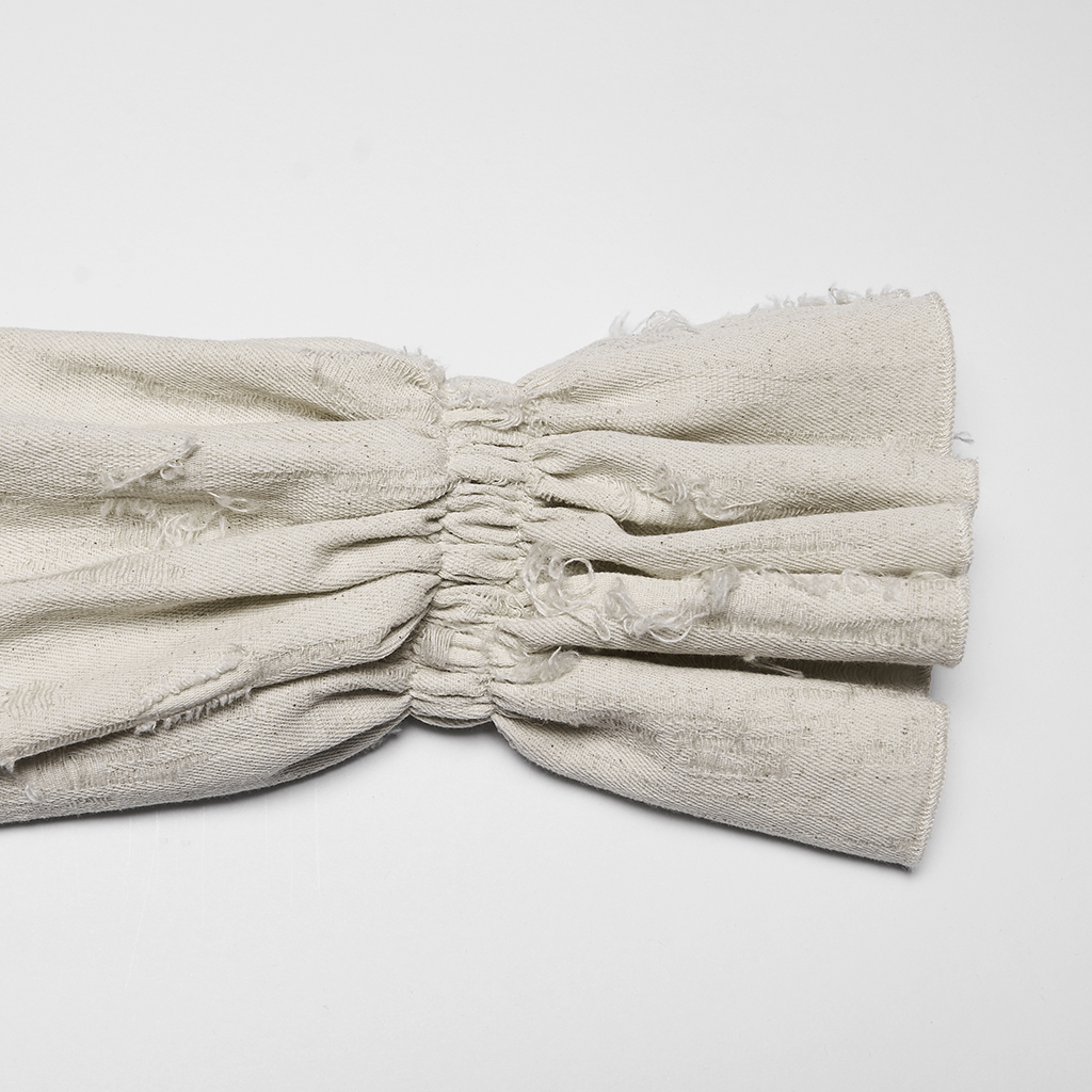 Close-up view of the dramatic trumpet cuff sleeve and high-count cotton-linen fabric on the Punk Rave Decadent Gothic Cotton Linen Shirt in White (WY-1984CCF)