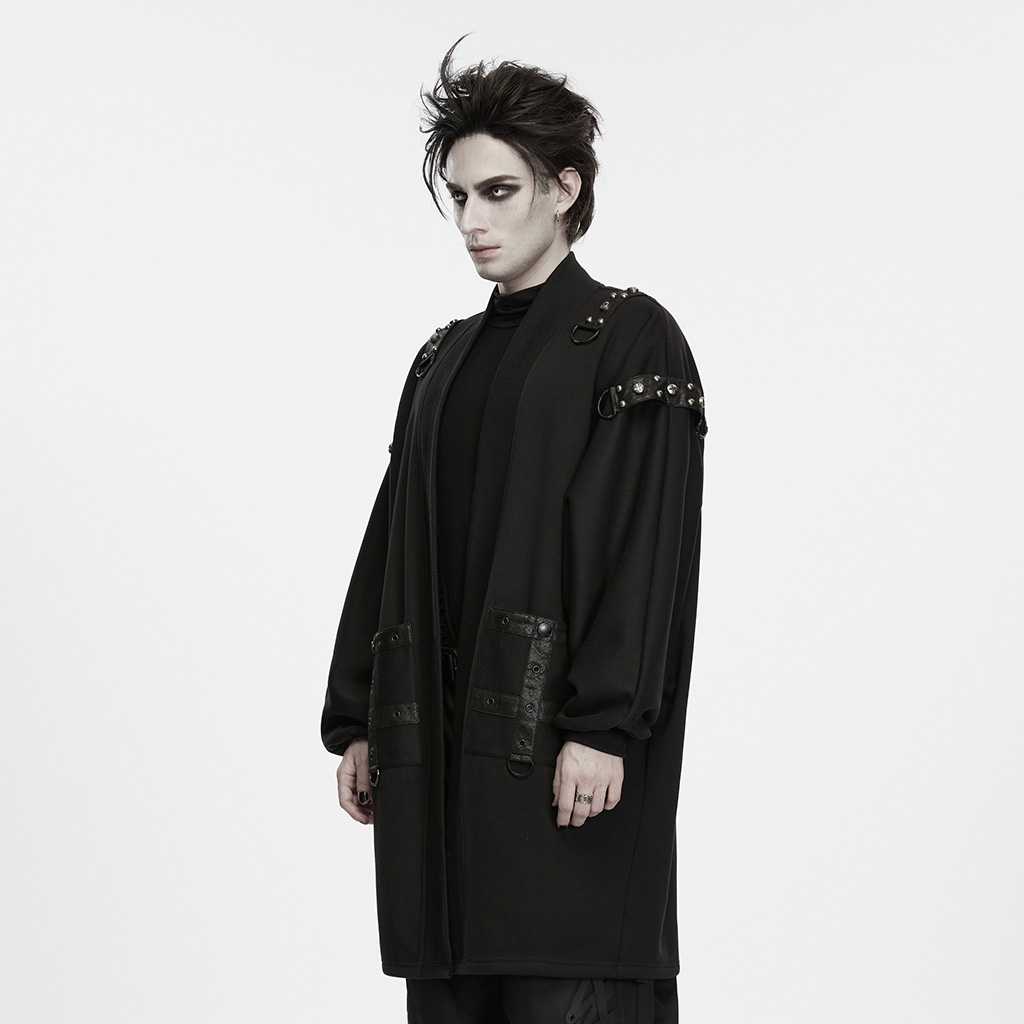 Side view of the Punk Rave Punk Dark Buckled Long Cardigan (WY-2060ZCM), showcasing the sweeping long silhouette, lantern sleeve tapering into a fitted cuff, and studded rubberized shoulder epaulet profile